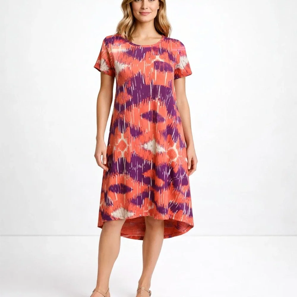LuLaRoe Carly Swing Dress XXS Ikat Abstract Coral Purple High Low Pocket Stretch